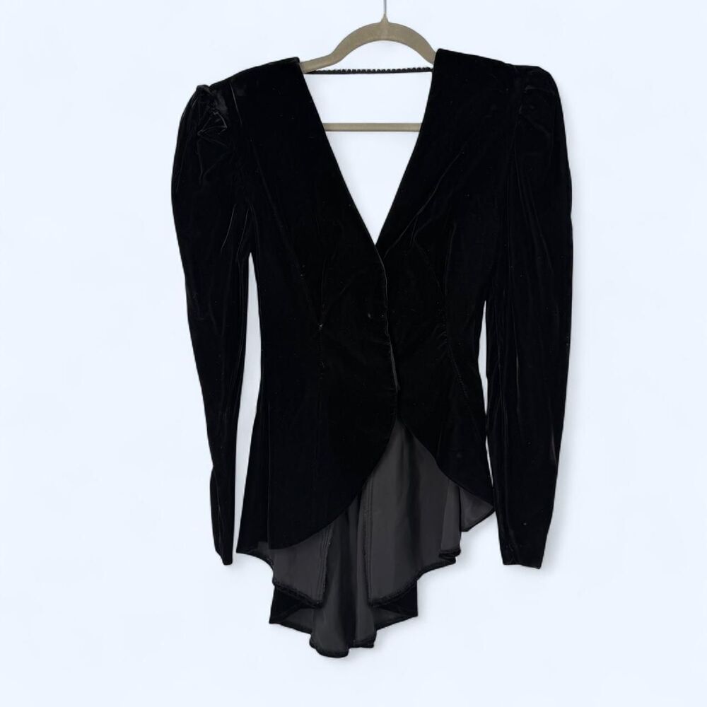 Black Velvet Tailcoat Blazer Puff Sleeve Tuxedo Evening Jacket Top c. 1992